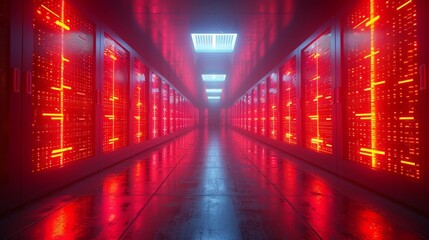  A long hallway with rows of red lights in the center is a long corridor with rows of red lights in the center