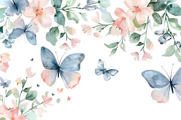 Delicate Watercolor Butterfly Floral on White Background