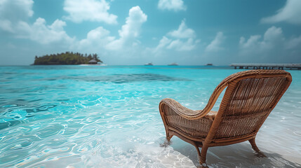 Island Escape: Wicker Chair in Crystal Waters Overlooking a Tropical Isle AI-Generated