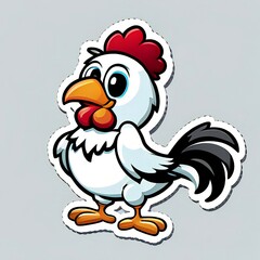 A cartoon chicken with red comb and black and white feathers