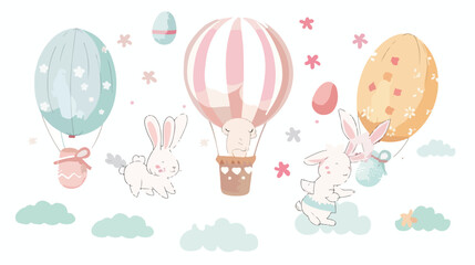 Cartoon Cute little bunny and easter eggs flying in ho - obrazy, fototapety, plakaty