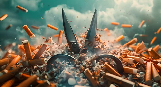 Giant scissors cutting through a mountain of cigarettes