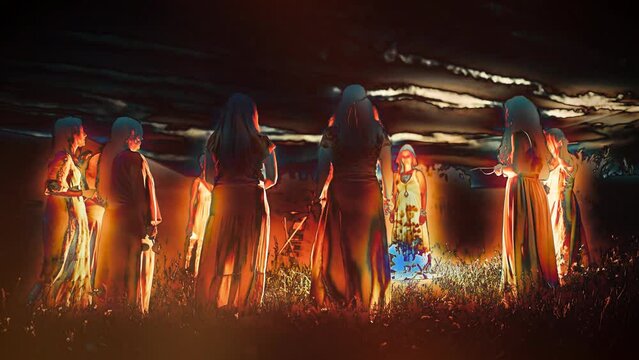 Women at the night ceremony, artistic effect. Ceremony space. Loop Animation.