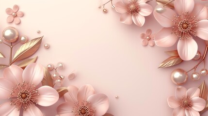 Fototapeta na wymiar Background with 3D Pink Gold Flowers and Pearls