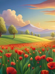 beautiful landscape with a field of red flowers and trees in the background