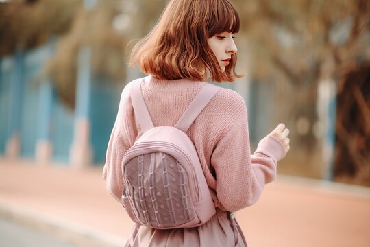 A girl wearing a sweater and a pink skirt is carrying a pink backpack