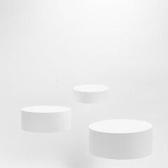 Set of three round white pedestals mockup for cosmetic products, fly  on white background. Scene for presentation skin care products, gifts, advertising, sale, design, showing, text in elegant style.