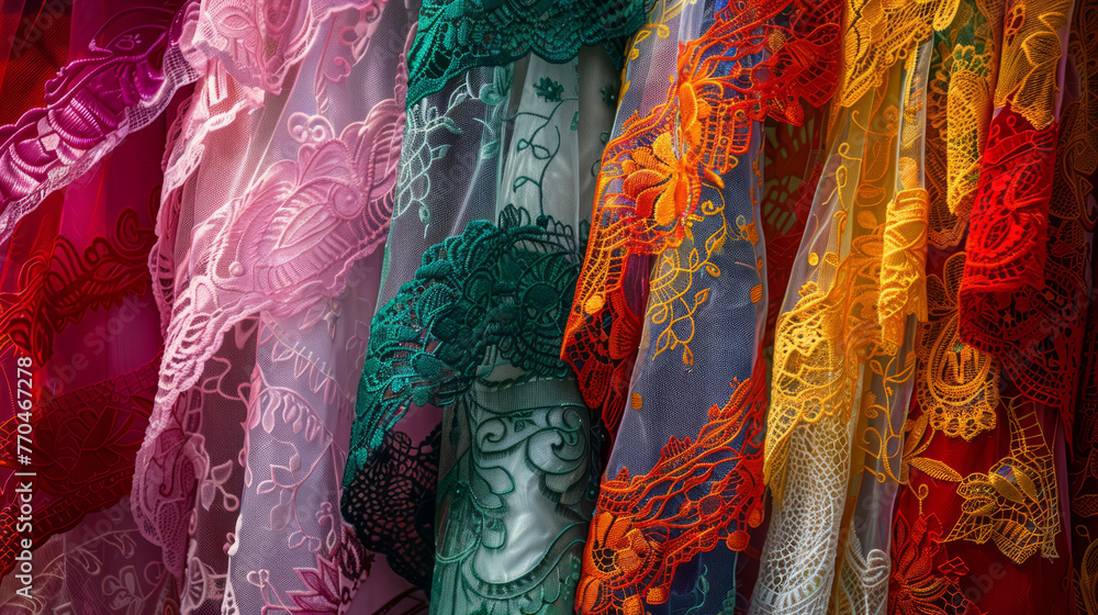 Poster a detailed close-up of an array of colorful lace fabrics hanging side by side, each with unique patt