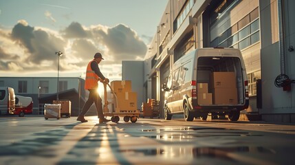 Outside of Logistics Distributions Warehouse: Diverse Team of Workers use Hand Truck Loading Delivery Van with Cardboard Boxes, Online Orders, E-Commerce Purchases.