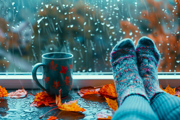 Woman feet in warm wool socks next to colourful mug with fall leaves against a rainy widow background. Autumn rain and cold weather concept.