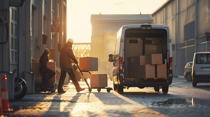 Outside of Logistics Distributions Warehouse: Diverse Team of Workers use Hand Truck Loading Delivery Van with Cardboard Boxes, Online Orders, E-Commerce Purchases. - obrazy, fototapety, plakaty