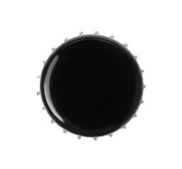 One black beer bottle cap isolated on white, top view