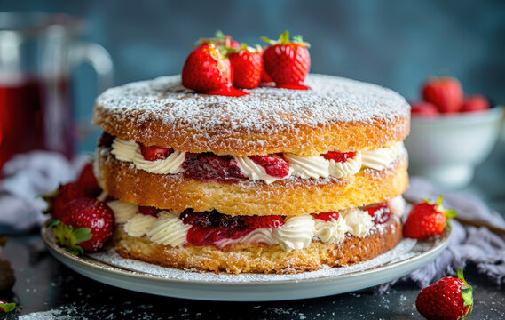 Classic Victoria sponge cake filled with strawberry cream. by AI generated image
