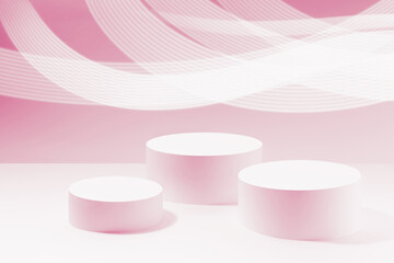 Abstract pink scene mockup - three round pink cylinder podiums, striped neon light waves. Template for presentation cosmetic products, goods, advertising, design, sale, display in fashion style.