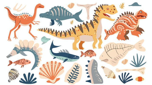 Cartoon fossil animals with dinosaur fish bone