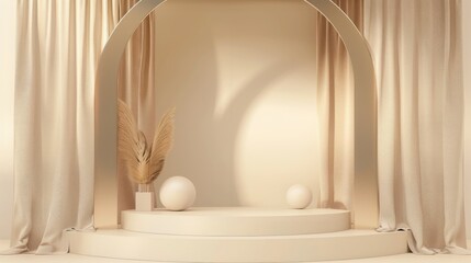 Elegant minimalist arch display with curtains, podium, and decorative vases in a neutral color palette for product presentation.