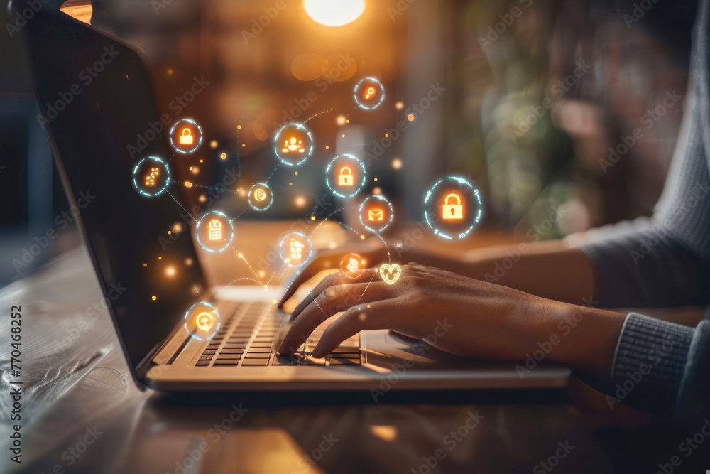 Poster visible human hands on a laptop keyboard overlay with advanced cyber security icons and symbols