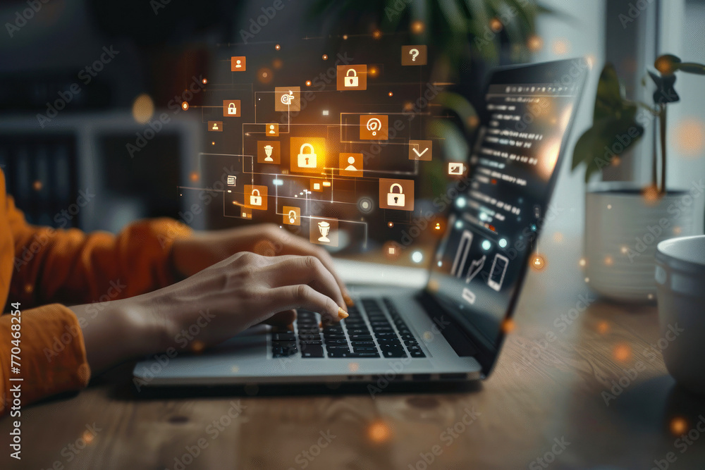 Poster an office setting where a woman is using a laptop with a digital overlay of security icons indicatin