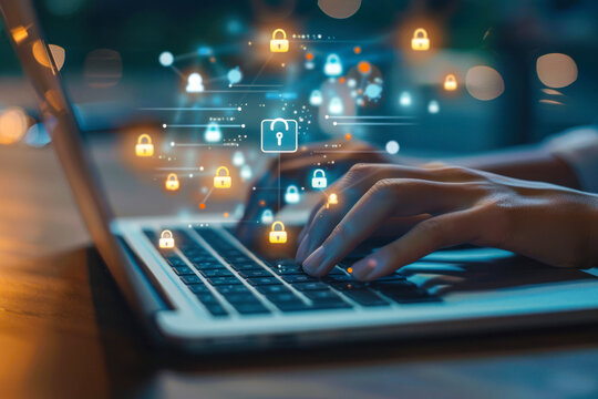 A vivid cybersecurity concept depicting a laptop user with digital padlock icons around them, illustrating online security