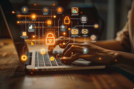 Person working on a laptop with overlay of vibrant security and encryption icons and symbols