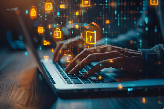 Hands typing on a laptop keyboard with a vibrant, glowing cybersecurity interface appearing