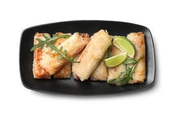 Tasty fried spring rolls, arugula and lime isolated on white, top view