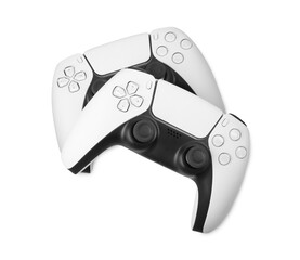 Two wireless game controllers isolated on white, top view