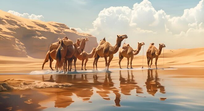 Camels hosting a water-drinking contest in the desert