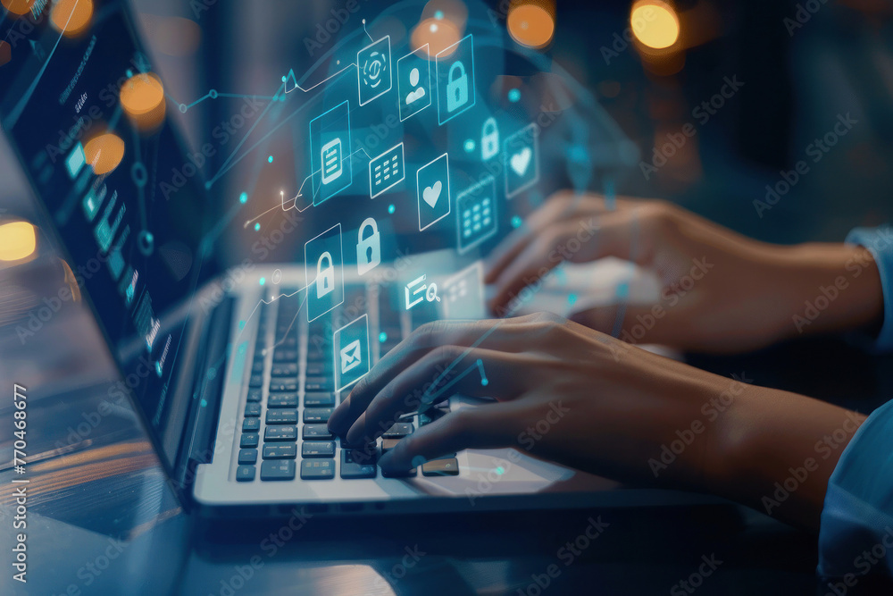Poster a close-up image of hands typing on a laptop keyboard overlaid with digital security and protection 