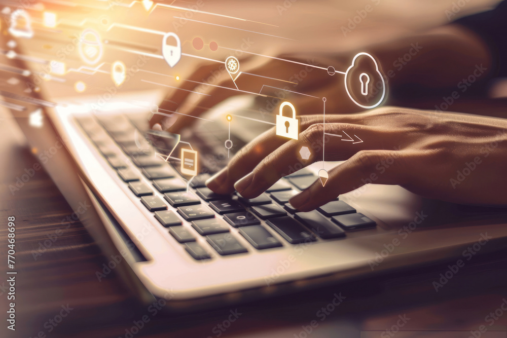 Poster close-up of hands on a laptop keyboard with graphical overlay of security and lock icons indicating 