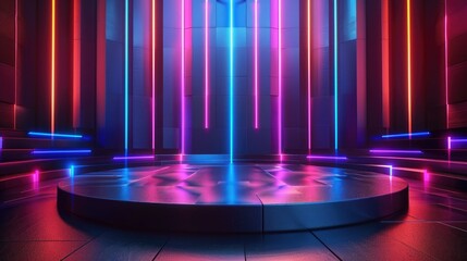 Futuristic neon-lit stage with vibrant pink and blue lights, perfect for modern event backgrounds or virtual settings.
