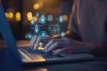 A powerful image of hands typing on a laptop with security and connectivity icons in the night setting