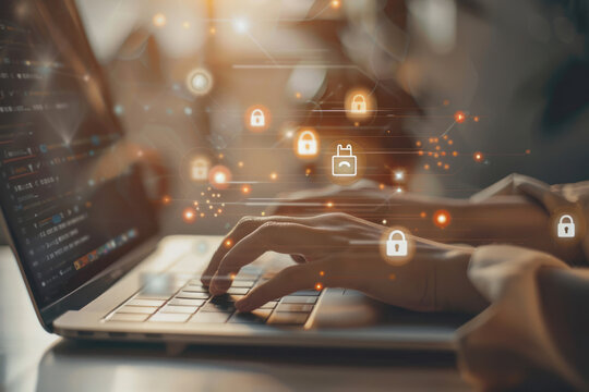 Image showcasing hands typing on a laptop with glowing secure network and padlock graphics around them