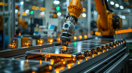 Robotic arm in action on the production line, efficiently assembling solar panels in a modern industrial setting. - obrazy, fototapety, plakaty