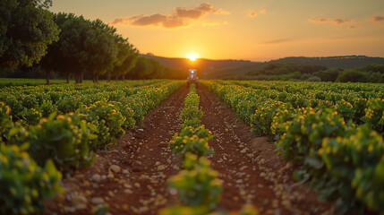 Autonomous Agricultural Robot Working in a Crop Field at Sunset. - obrazy, fototapety, plakaty