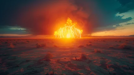 Foto auf Alu-Dibond A large fiery explosion with lightning-like effects dominates a barren desert scene at dusk. © aekkorn
