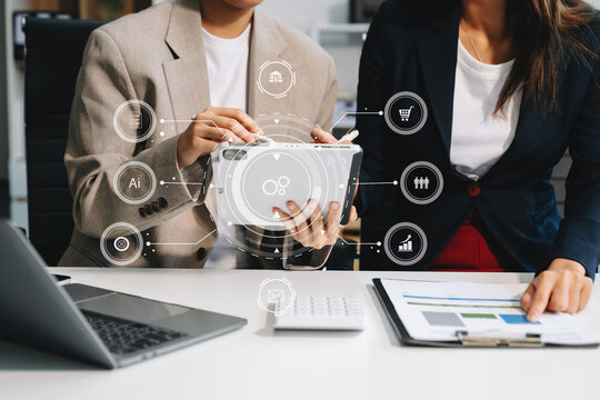 Business team partnership meeting concept. Business hand using laptop, tablet and smartphone Digital marketing media mobile app in virtual icon