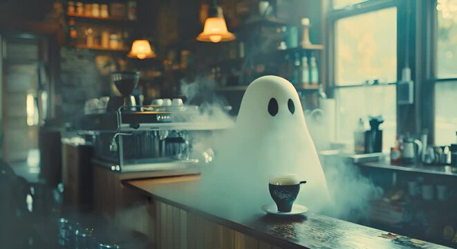 Ghost brewing morning coffee, steam blending with its form