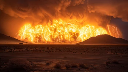 Foto auf Alu-Dibond A large fiery explosion with lightning-like effects dominates a barren desert scene at dusk. © aekkorn