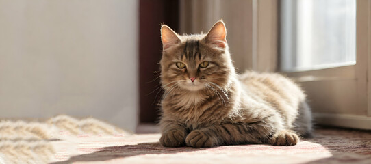 Tabby Cat looking up. In white  transparent  room Small striped kitten in the room. Portrait of a kitten in profile generative by ai..