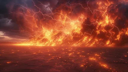 Zelfklevend Fotobehang A large fiery explosion with lightning-like effects dominates a barren desert scene at dusk. © aekkorn