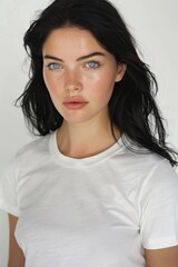 8h Modeling photography of a woman with a black hair, blue eyes, white t-shirt, full body, simple shot, photorealistic, on a white background, 3d, octane, 