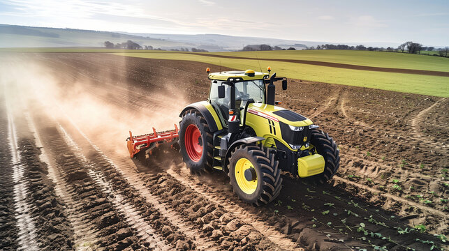 A modern tractor plows through an expansive agricultural field, preparing the soil for a new planting season under a clear sky.