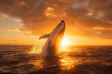 majestic whale breaching the surface of the ocean at sunset