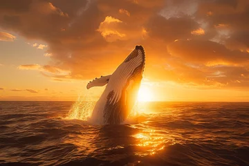 Foto op Plexiglas majestic whale breaching the surface of the ocean at sunset © Andrea Izzotti