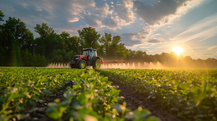 Tractor spraying soy field in sunset. - obrazy, fototapety, plakaty