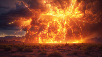 A large fiery explosion with lightning-like effects dominates a barren desert scene at dusk.