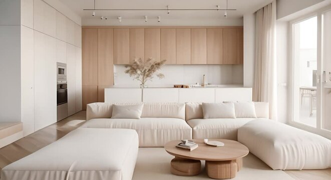 minimalistic kitchen interior design, white color, beige sofas and wood covering 