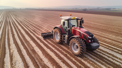 Obraz premium A modern tractor plows through an expansive agricultural field, preparing the soil for a new planting season under a clear sky.