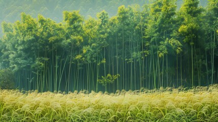 A bamboo forest next to a field of tall grass